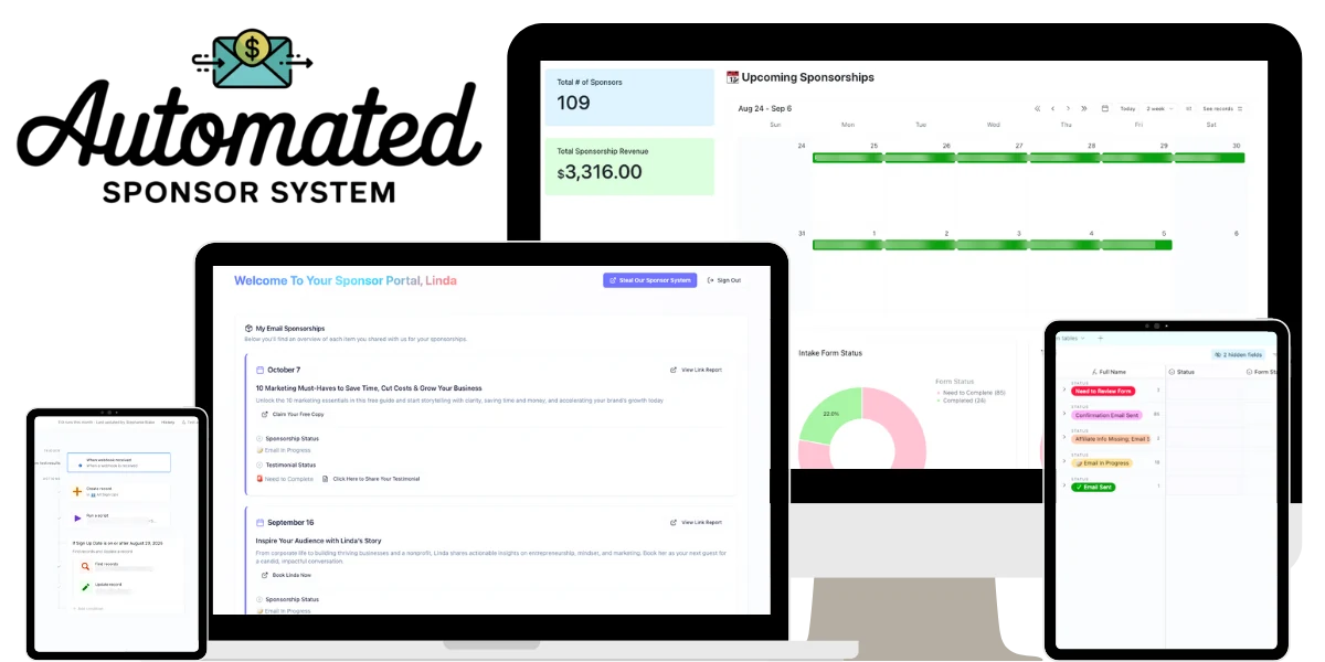 The Automated Sponsor System on laptop, tablet, phone, and desktop: the sponsor portal, stats dashboard, and booking calendar